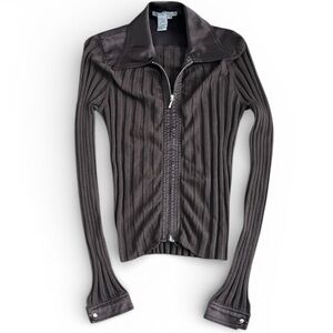 Cabi Navigator Brown Ribbed Silk Blend Slim Full Zip Cardigan Sweater Wmns S Y2K